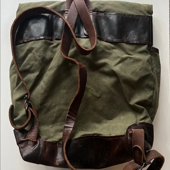 HEIMIE’S MADE Army Surplus Olive Waxed Canvas & Leather Men's Roll Top Backpack - Picture 5 of 6